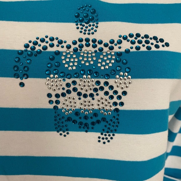🌸🌸SALE! 4 FOR $20!PALM GROVE Teal&White Stripe Jeweled Turtle 3/4 Slv Top SzS - Picture 7 of 7